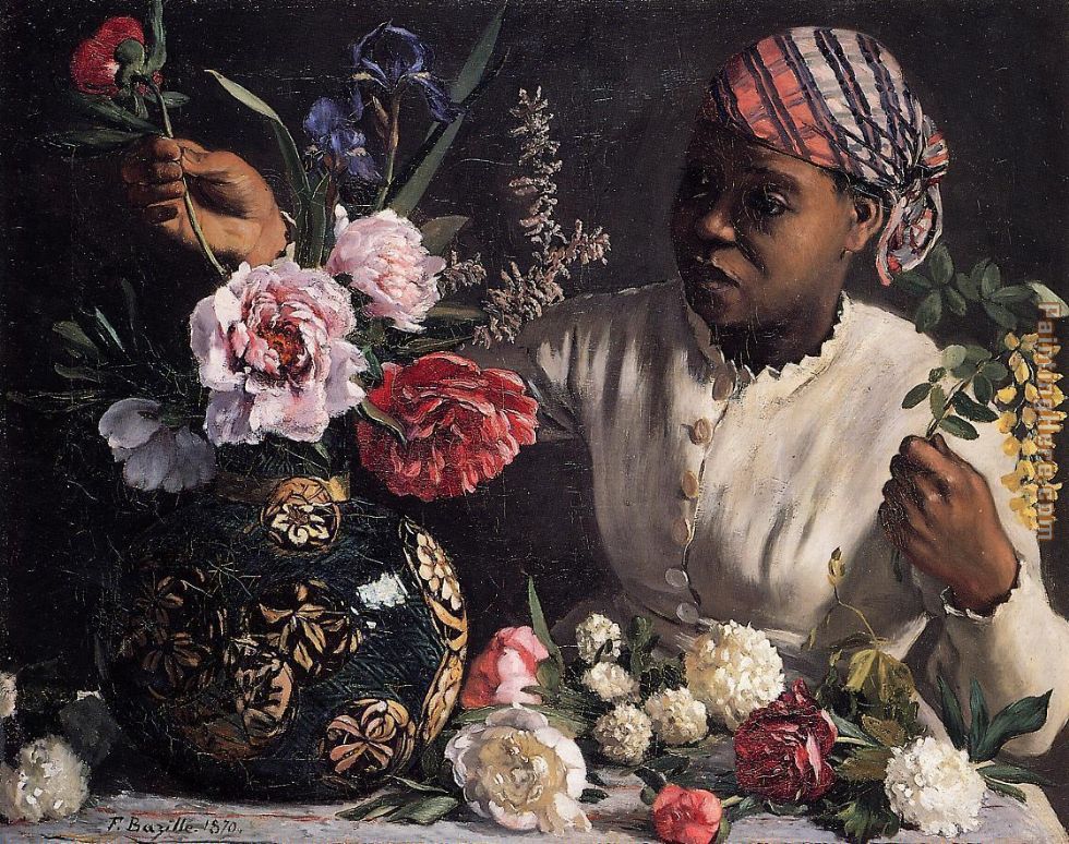 African woman with Peonies painting - Frederic Bazille African woman with Peonies art painting